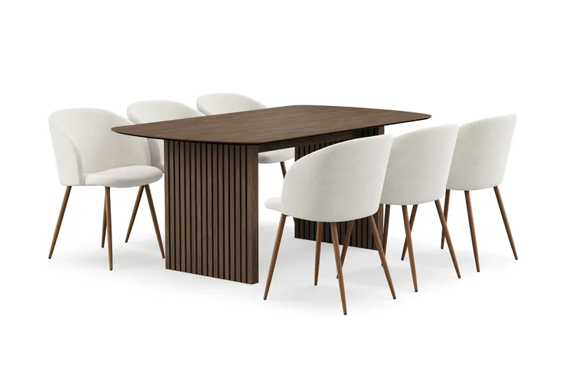 Richeto Matgrupp med 6 Greya Matstolar med Armstöd - Rökt Ek/Vit Bouclé - Products - Möbler - Bord & matgrupp - Matgrupp