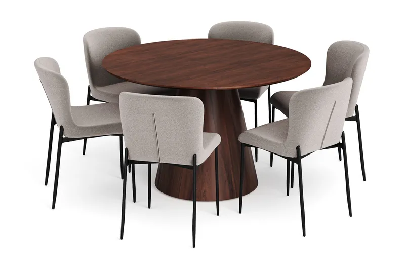 Siena Matgrupp runt 130 cm Valnöt med 6 Elsie Matstolar, Valnöt/Ljusgrå