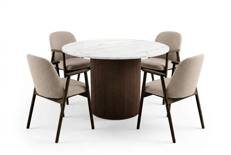 Uppveda Runt Matbord 120 cm med 4 Reciclar Matstolar, Vit/Brun/Greige