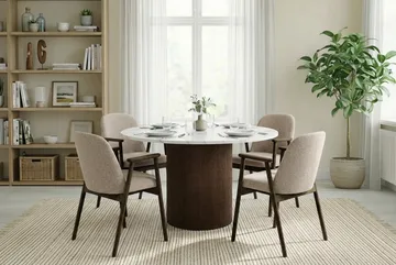 Uppveda Runt Matbord 120 cm med 4 Reciclar Matstolar - Vit/Brun/Greige - Products - Möbler - Bord & matgrupp - Matgrupp