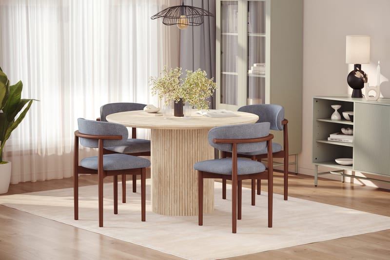 Uppveda Runt Matbord 120cm Travetin utseende med 4 st Jaiveer Matstolar - Beige - Products - Möbler - Bord & matgrupp - Matgrupp
