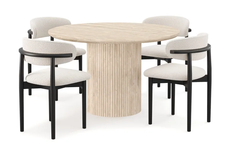 Uppveda Runt Matbord 120cm Travetin utseende med 4 st Jaiveer Matstolar, Beige