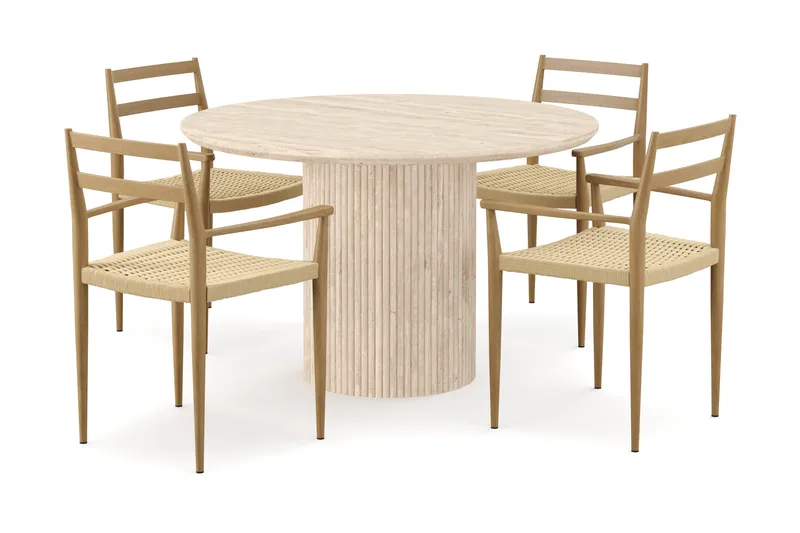 Uppveda Runt Matbord 120cm Travetin utseende med 4 st Jamna Karmstolar, Beige