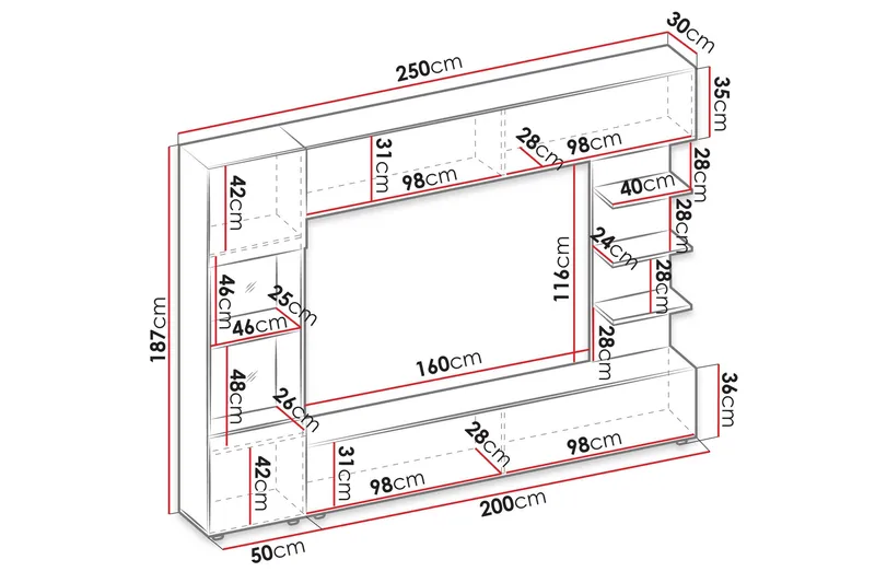 Bunda Tv-möbelset 250x30 cm - Grå/Vit - Products - Möbler - TV- & Mediamöbler - TV-möbelset