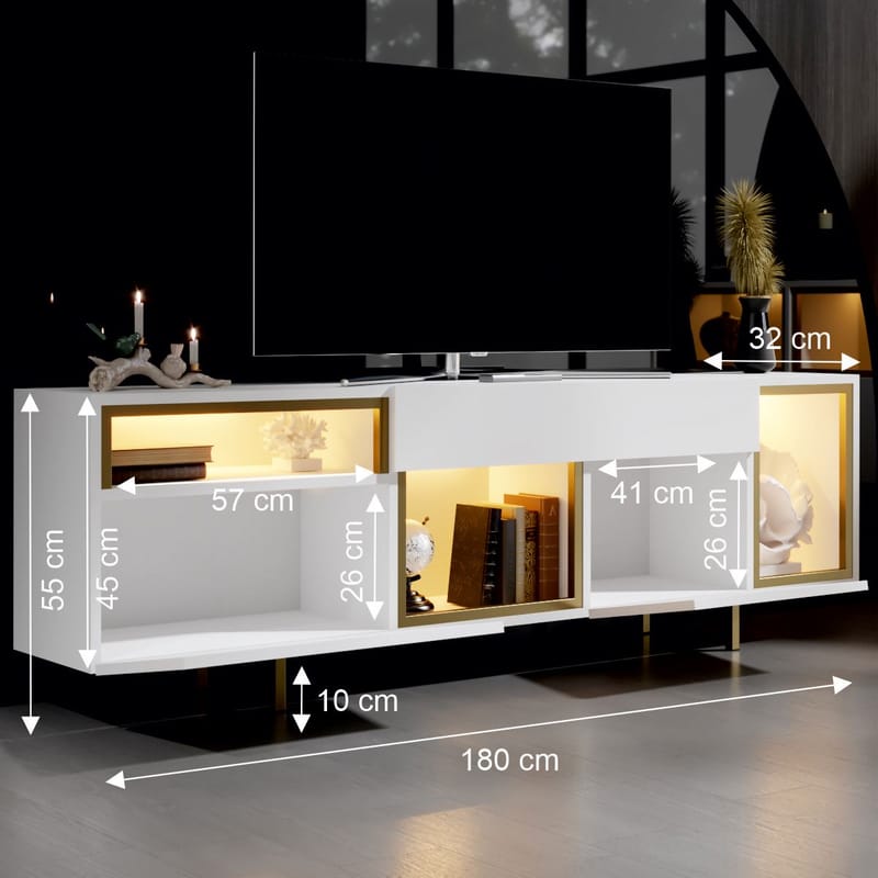 Denvar TV-bänk 180x55x32 cm - vit och guld - Products - Möbler - TV- & Mediamöbler - TV bänk & mediabänk