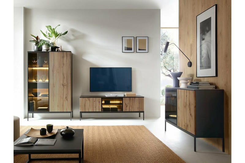 Klinkerville Tv bänk med belysning 39 cm djup 56 cm bred - Svart Trä / Glas / Ribbad - Products - Möbler - TV- & Mediamöbler - TV-skåp