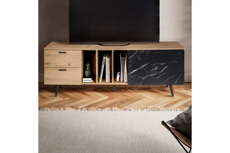 Lowboard Wohnling modernt spånskiva, 2 lådor, 1 dörr, förvaringsbrickor, metallben, modern stil Ek, Marmor, Svart - Ek, Marmor, Svart - Products - Möbler - TV- & Mediamöbler - TV bänk & mediabänk