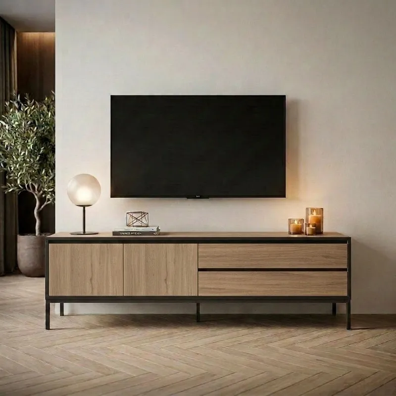 Velar TV-bänk 180x55x40 cm - naturfärgad ek, trä svart, svart - Products - Möbler - TV- & Mediamöbler - TV bänk & mediabänk