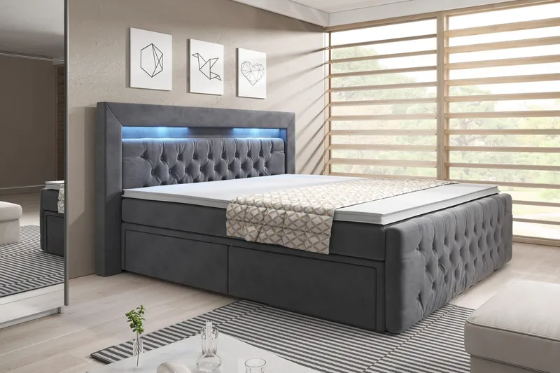 Franco Komplett Sängpaket med förvaring LED-belysning 180x200 cm - Grå / Sammet - Products - Möbler - Säng - Säng med förvaring