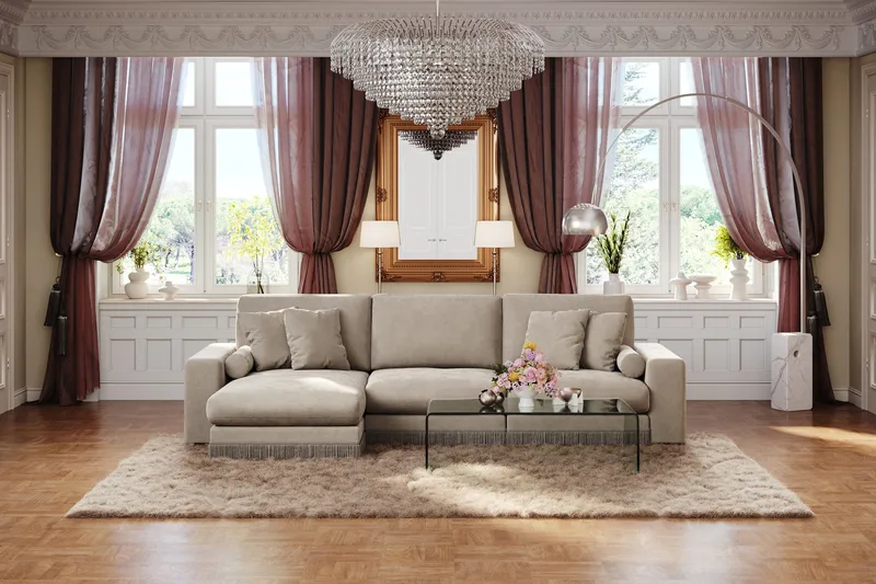 Arken Lyx 5-sits Vändbar L-formad Djup Divansoffa i Sammet - Beige - Products - Möbler - Soffa - Sammetssoffa