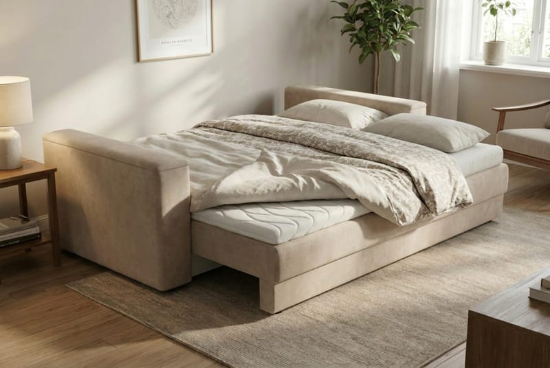 Bergen Extra djup Framåtbäddad 3-sits Bäddsoffa med Bäddmadrass i Latex och Tvättbar klädsel - Brun Tyg - Products - Möbler - Soffa - Bäddsoffa - 3 sits bäddsoffa