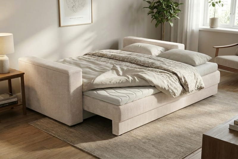 Bergen Extra djup Framåtbäddad 3-sits Bäddsoffa med Bäddmadrass i Memoryskum och Tvättbar klädsel - Beige Manchester - Products - Möbler - Soffa - Bäddsoffa - 3 sits bäddsoffa