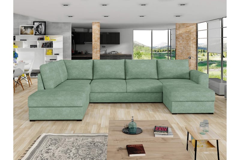 Taberk Bäddsoffa med Divan och Schäslong 4-sits i Bouclé - Grön - Products - Möbler - Soffa - Bäddsoffa - Bäddsoffa divan