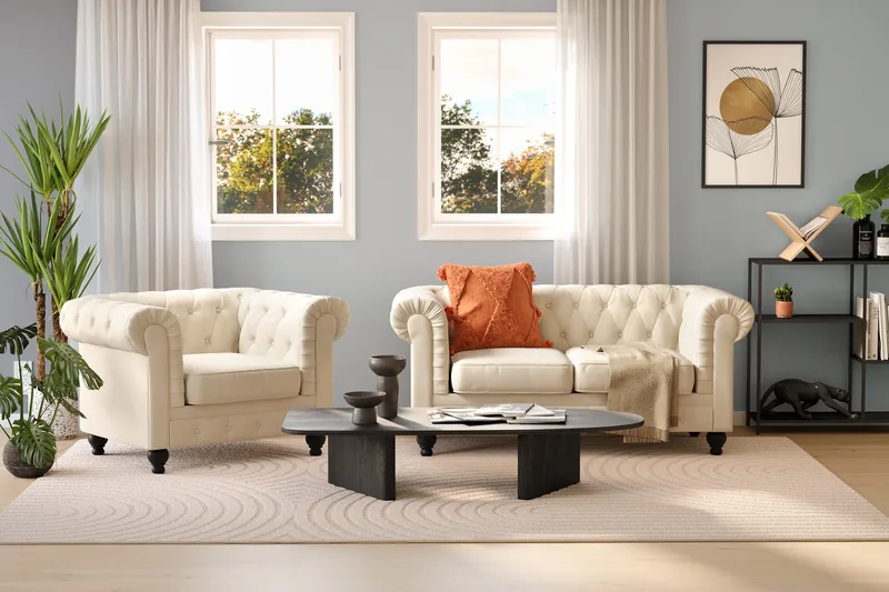 Chesterfield Lyx 2-sits Sammetssoffa - Liten djup soffa - Beige Sammet - Products - Möbler - Soffa - Sammetssoffa