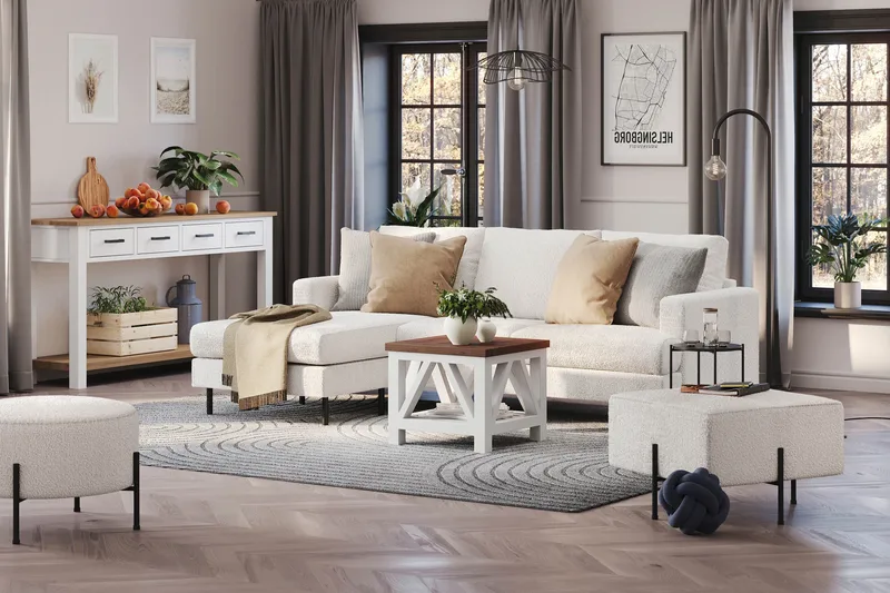 Menard Compact 3-sits Vänstervänd L-formad Divansoffa i Bouclé - Vit - Products - Möbler - Soffa - Divansoffa & schäslongsoffa - 3 sits soffa med divan