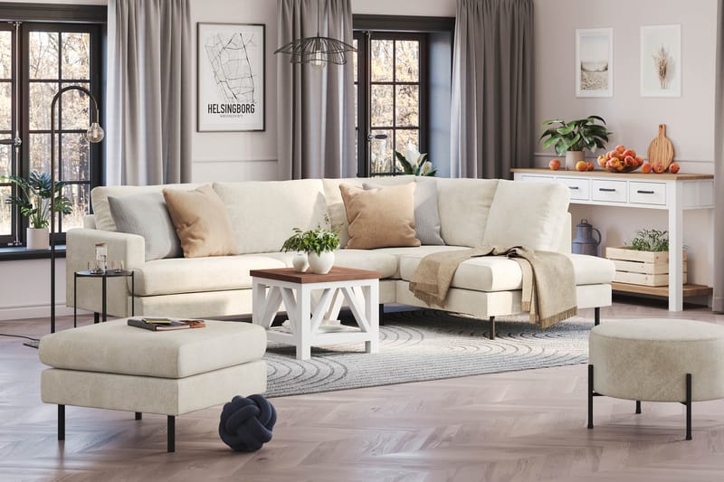 Menard Compact 4-sits Högervänd L-formad Schäslongsoffa i Sammet - Krämvit - Products - Möbler - Soffa - Divansoffa & schäslongsoffa - 4 sits soffa med divan