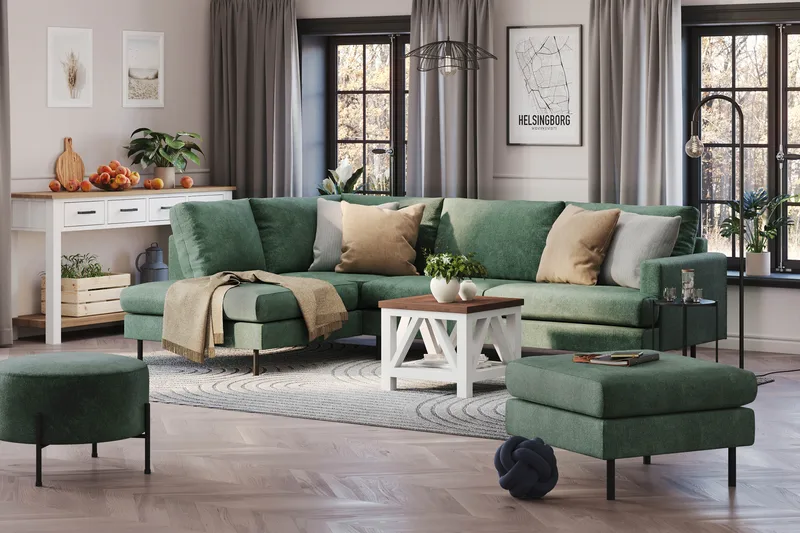Menard Compact 4-sits Vänstervänd L-formad Schäslongsoffa i Sammet - Mörkgrön - Products - Möbler - Soffa - Divansoffa & schäslongsoffa - 4 sits soffa med divan