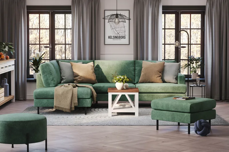 Menard Compact 4-sits Vänstervänd L-formad Schäslongsoffa i Sammet - Mörkgrön - Products - Möbler - Soffa - Divansoffa & schäslongsoffa - 4 sits soffa med divan