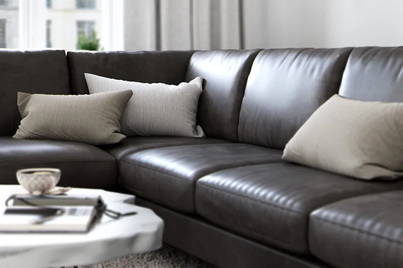 Ocean Lyx 6-sits Vänstervänd U-formad Soffa med Divan och Schäslong + Fotpall i Konstläder - Mörkgrå - Products - Möbler - Soffa - Divansoffa & schäslongsoffa