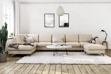 Ocean Lyx 6-sits Vänstervänd U-formad Soffa med Divan och Schäslong + Fotpall i Sammet - Beige - Products - Möbler - Soffa - Divansoffa & schäslongsoffa