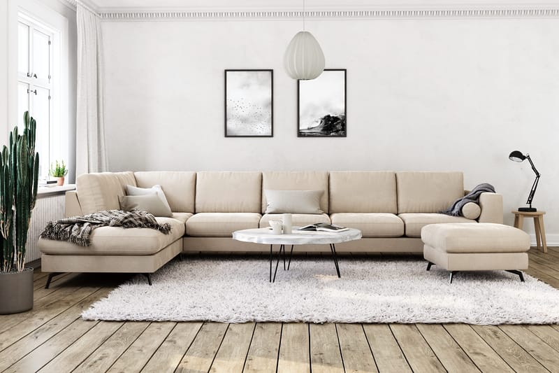 Ocean Lyx 6-sits Vänstervänd U-formad Soffa med Divan och Schäslong + Fotpall i Sammet - Beige - Products - Möbler - Soffa - Divansoffa & schäslongsoffa