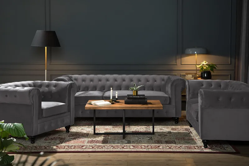 Chesterfield Lyx Stor skön djup sammetsfåtölj - Fåtölj till vardagsrum - Mörkgrå Sammet - Products - Möbler - Fåtölj & stolar - Fåtölj - Chesterfield fåtölj