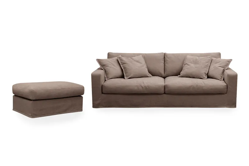 Valencia Extra Djup 3-sits soffa + fotpall med avtagbar och tvättbar klädsel, Mörkbrun