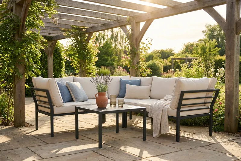 Ariany l-formad 5 sits hörnsoffa utomhus med vita dynor rektangulärt bord i alumunium - Svart - Products - Utemöbler & utemiljö - Loungemöbler - Loungeset & loungegrupp