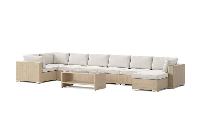 Bahamas U-formad utomhus loungegrupp 8-sits med vändbar divan och bord med hylla, Beige