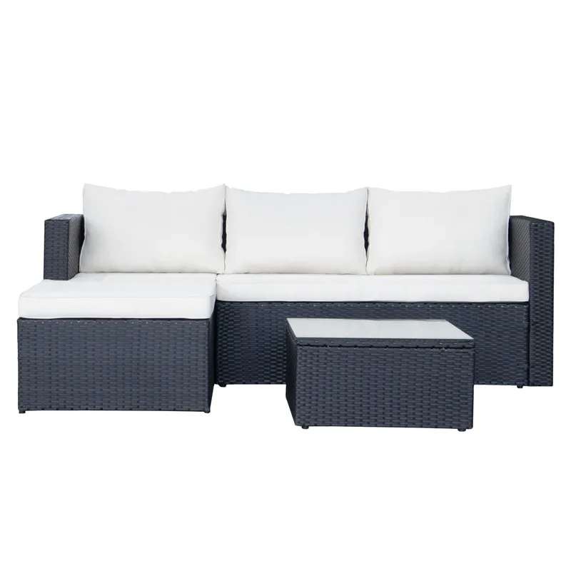 Mendoza l-formad 4-sits soffgrupp i konstrotting för altan och terrass, Svart / Vita dynor