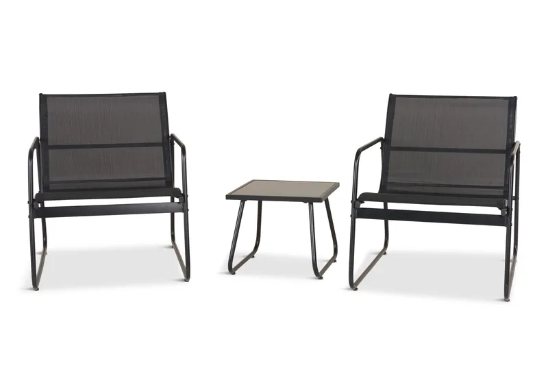 Pelanda Caféset Utomhus - Bord med frostad glasskiva och fåtöljer i stål, Svart