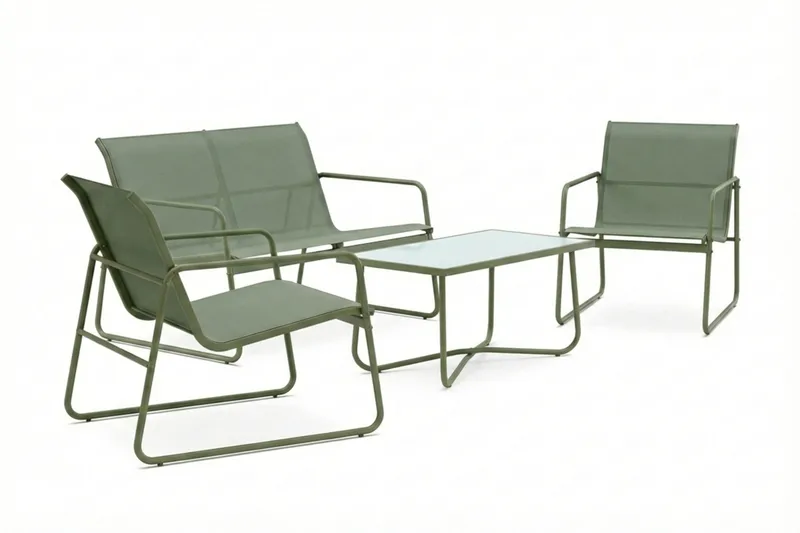 Pelanda Loungegrupp  - Soffa och 2 fåtöljer i stål soffbord med frostad glasskiva - Grön - Products - Utemöbler & utemiljö - Loungemöbler - Loungeset & loungegrupp