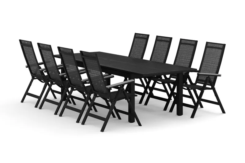 Monaco utomhus matgrupp förlängningsbart 210/310x90 med 8 Monaco Light positionsstolar, Svart/Grå