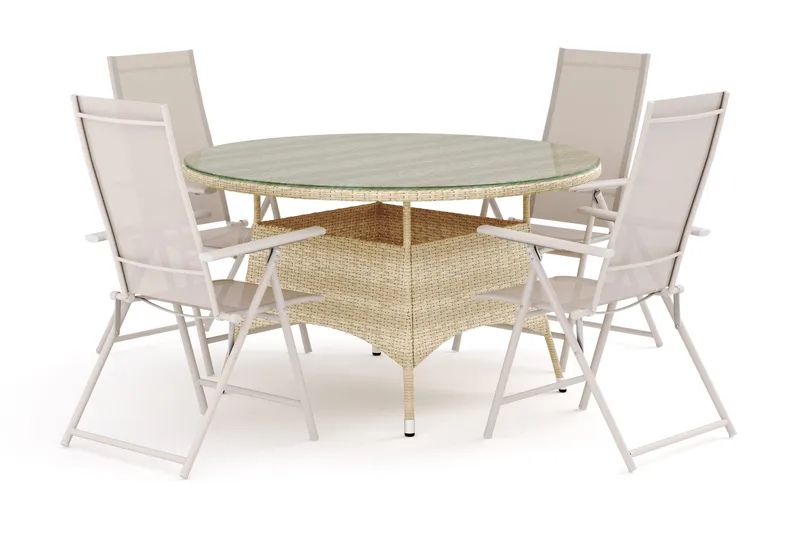 Thor utomhus rund matgrupp 140 cm med 4 Sanna positionsstolar, Beige