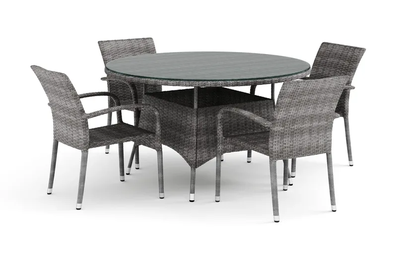 Thor utomhus rund matgrupp 140 cm med 4 Thor Light utefåtöljer, Grå