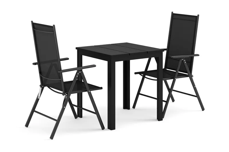 Tunis utomhus caféset 70x70 cm med 2 Maggie positionsstolar, Svart/Svart