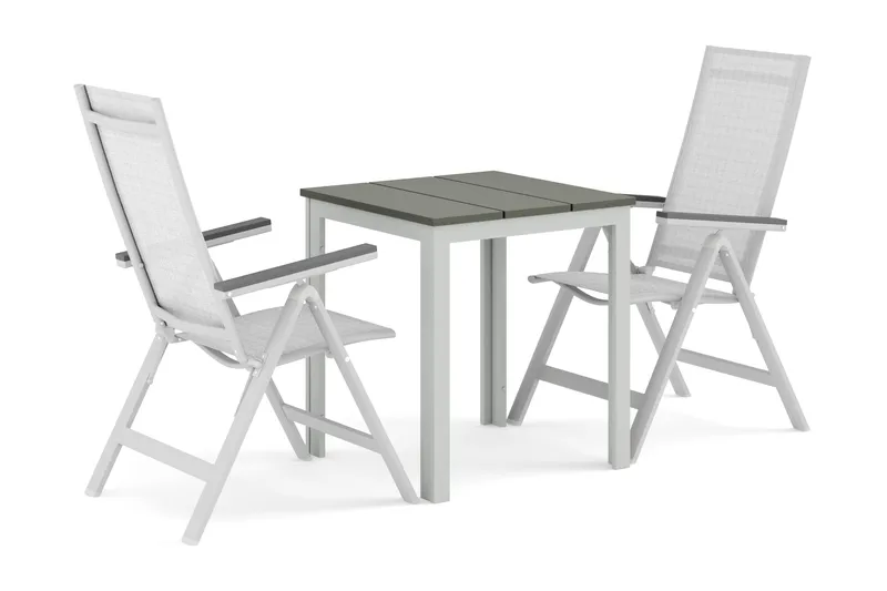 Tunis utomhus caféset 70x70 cm med 2 Monaco Light positionsstolar, Vit/Grå