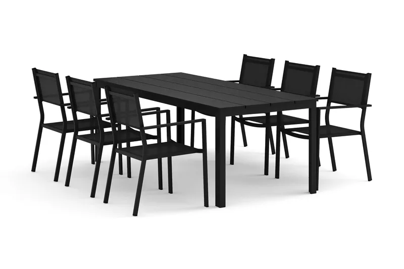 Tunis utomhus matgrupp 205x90 cm med 6 Tunis stapelstolar, Svart/Svart