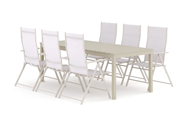 Tunis utomhus matgrupp förlängningsbart 205/305x90 cm med 6 Sanna positionsstolar, Beige/Beige