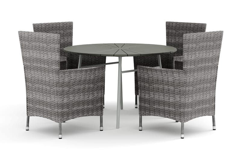 Tunis utomhus rund matgrupp 120 cm med 4 Thor utefåtöljer, Vit/Grå