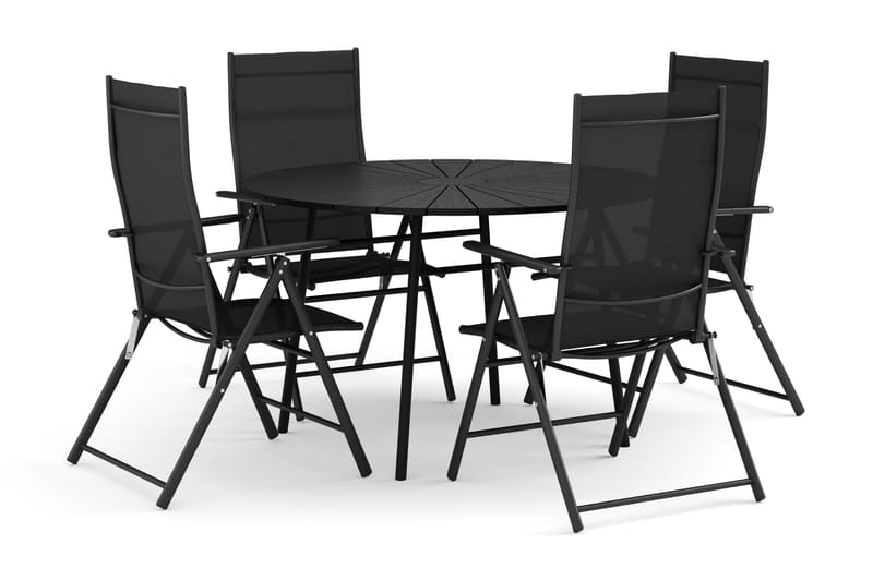 Tunis utomhus rund matgrupp 120 cm med 4 positionsstolar, Svart/Svart