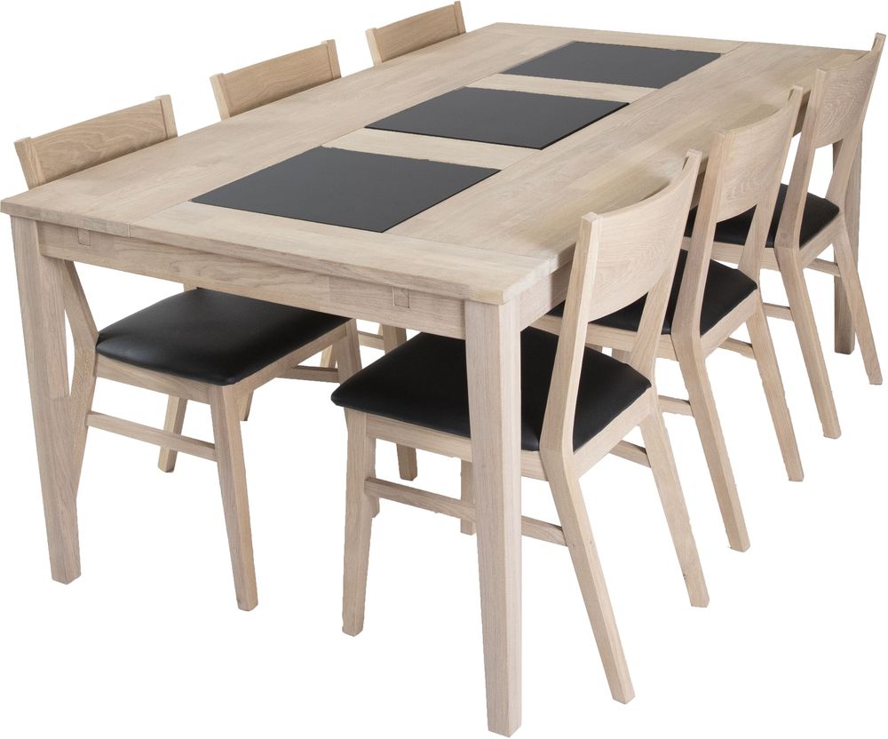 Visingsö spisegruppe inkl. 6 stk Flen stoler - Hvitoljet eik/granitt Visingsö spisegruppe inkl. 6 stk Flen stoler - Hvitoljet eik/granitt