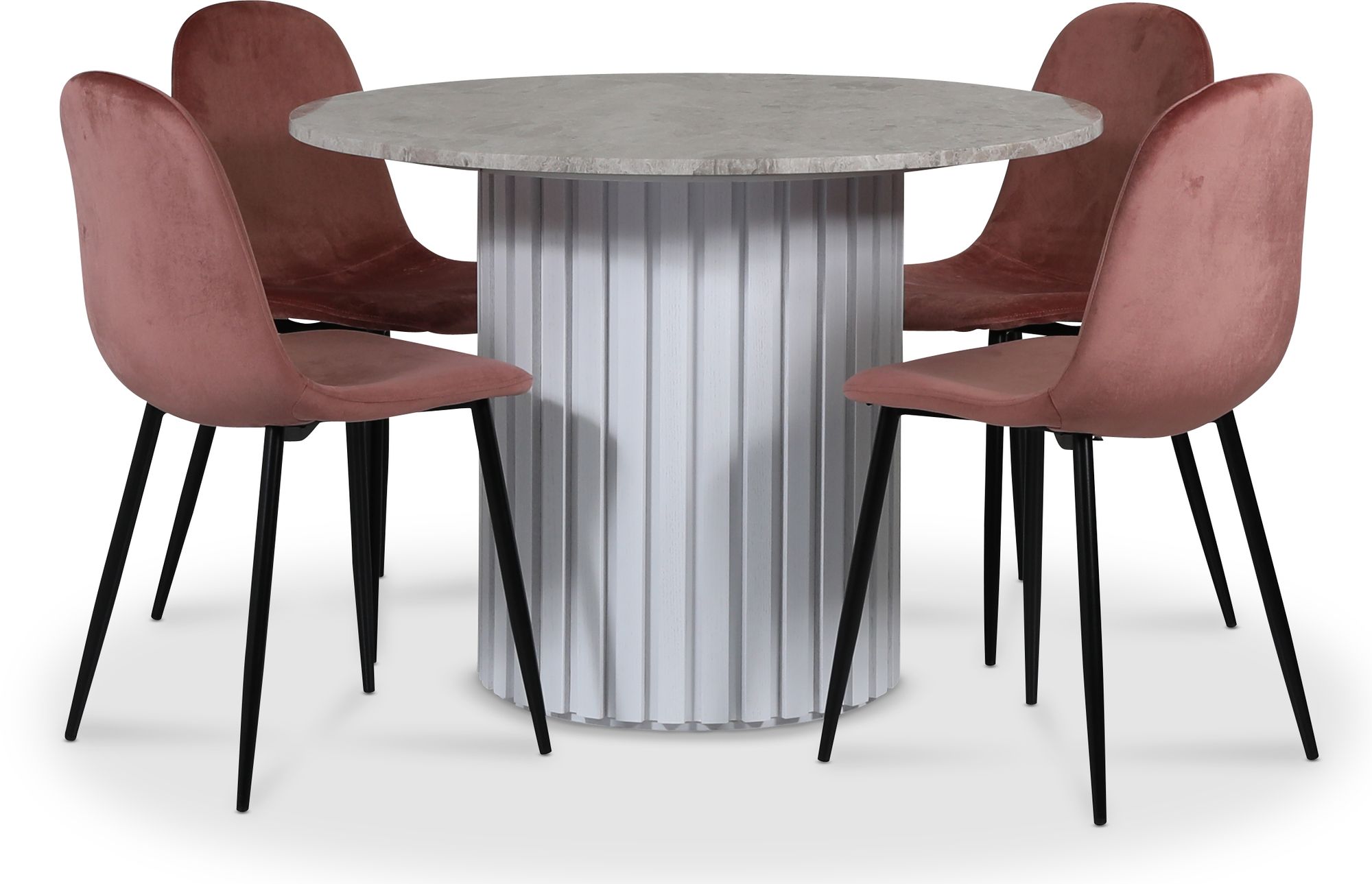 Empire spisegruppe Ø105 cm inkl. 4 stk. Carisma rosa stoler - Sølv Diana marmor / Hvit lamell trefot Empire spisegruppe Ø105 cm inkl. 4 stk. Carisma rosa stoler - Sølv Diana marmor / Hvit lamell trefot