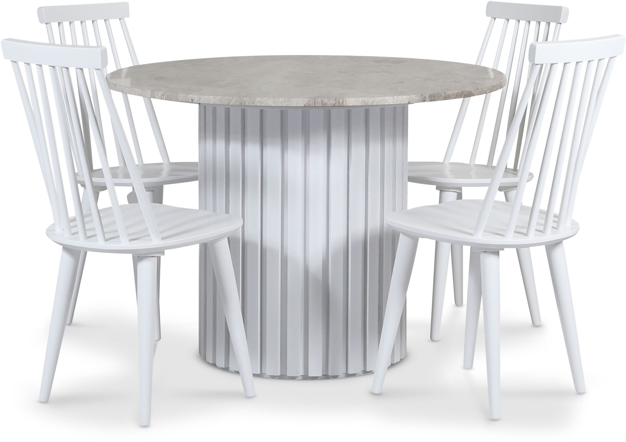 Empire spisegruppe �105 cm inkl. 4 stk. Dalsland hvite pinnestoler - S�lv Diana marmor / Hvit lamell trefot