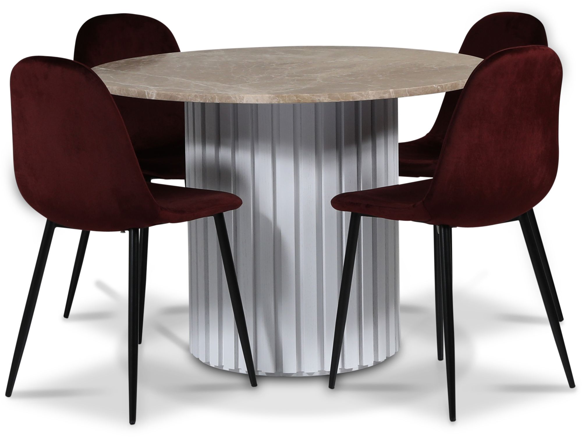 Empire spisegruppe �105 cm inkl. 4 stk. Carisma bordeaux stoler - Empradore marmor / Hvit lamell trefot + 4.00 x Stolpute