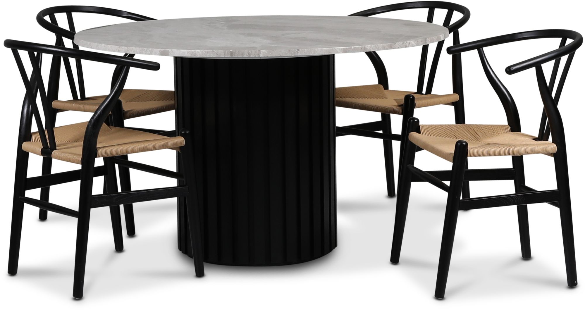 Sumo spisegruppe �130 cm inkl. 4 stk. Brandon svarte spisestoler - Svartbeiset / s�lv marmor + 3.00 x M�belf�tter