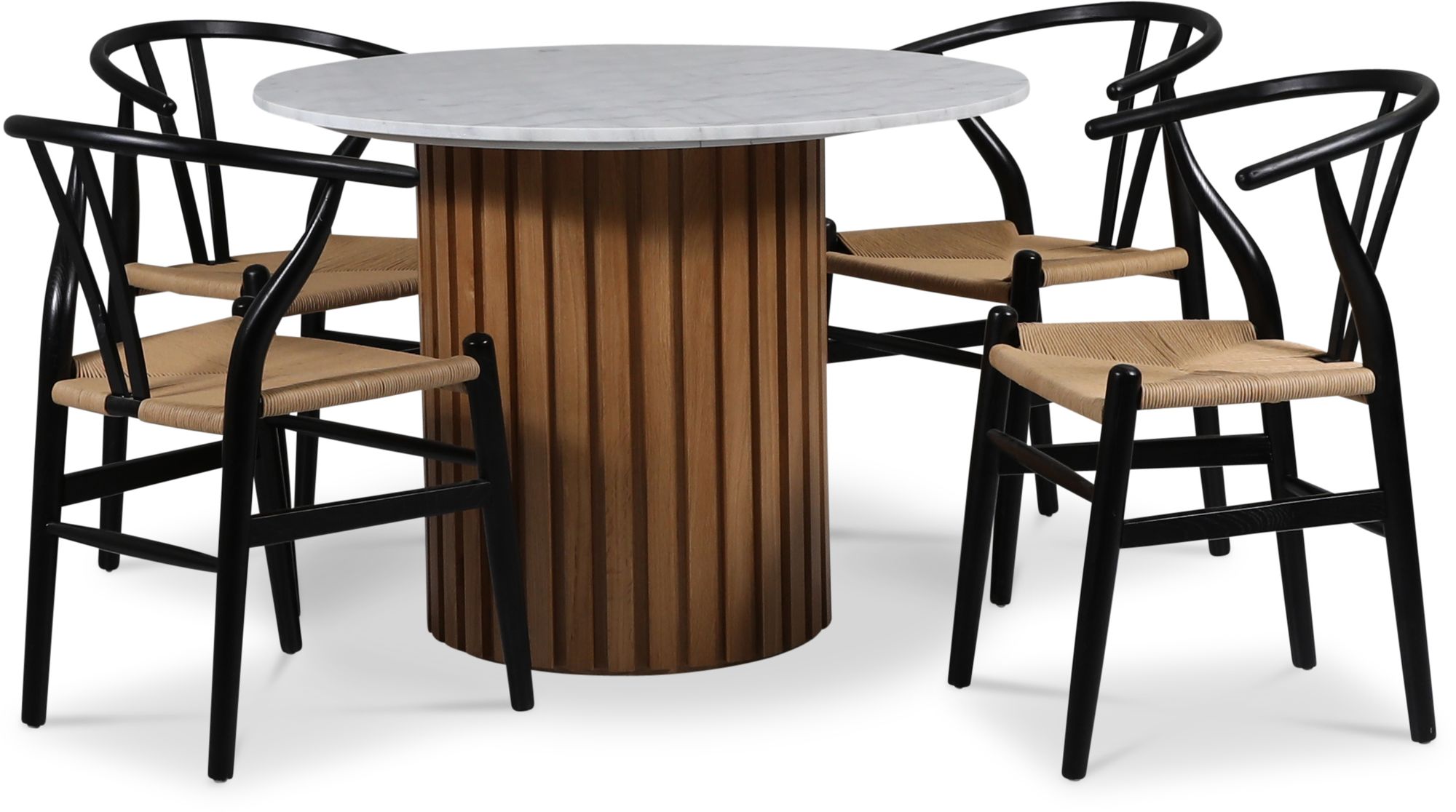 Sumo spisegruppe Ø105 cm inkl. 4 stk. Brandon svarte spisestoler - Oljet eik / Lys marmor Sumo spisegruppe Ø105 cm inkl. 4 stk. Brandon svarte spisestoler - Oljet eik / Lys marmor