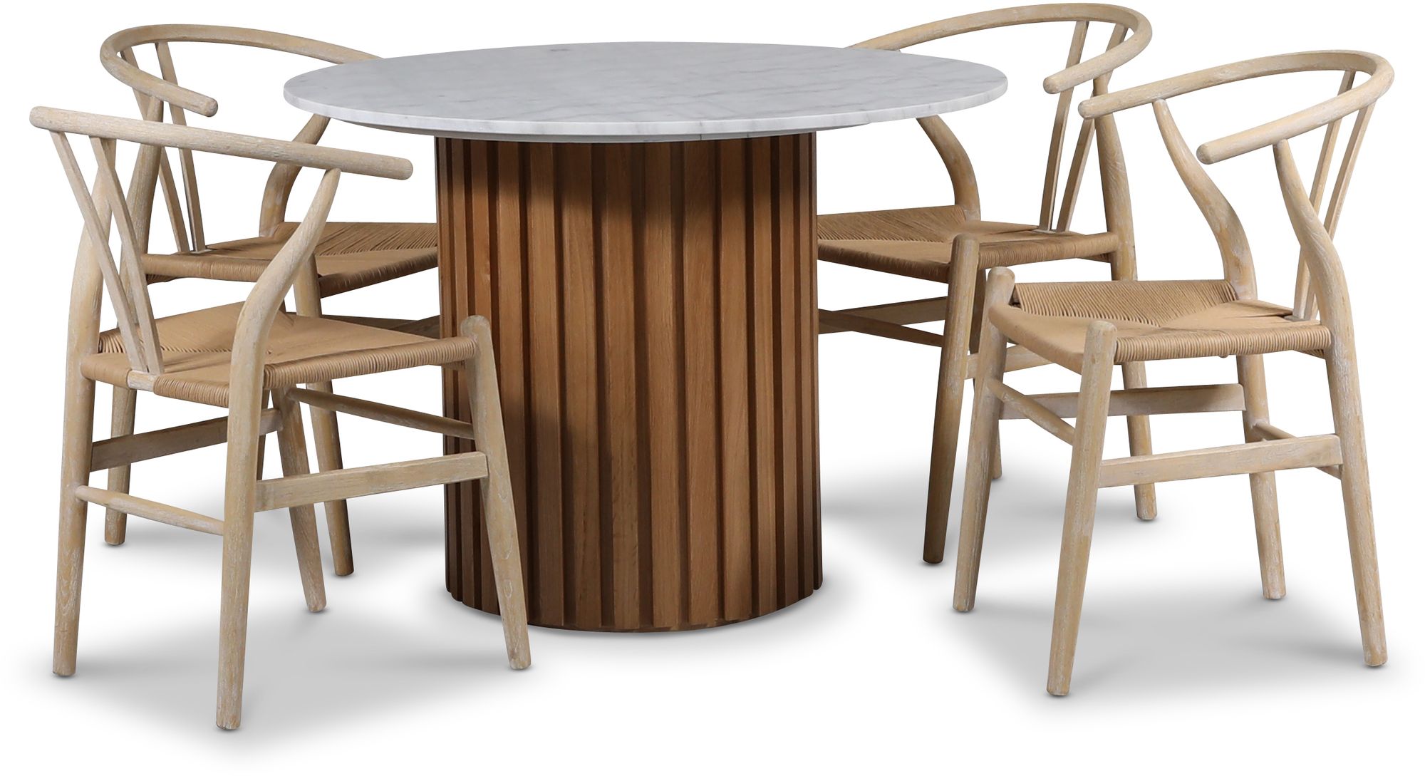 Sumo spisegruppe Ø105 cm inkl. 4 stk. Brandon spisestoler whitewash - Oljet eik / Lett marmor Sumo spisegruppe Ø105 cm inkl. 4 stk. Brandon spisestoler whitewash - Oljet eik / Lett marmor