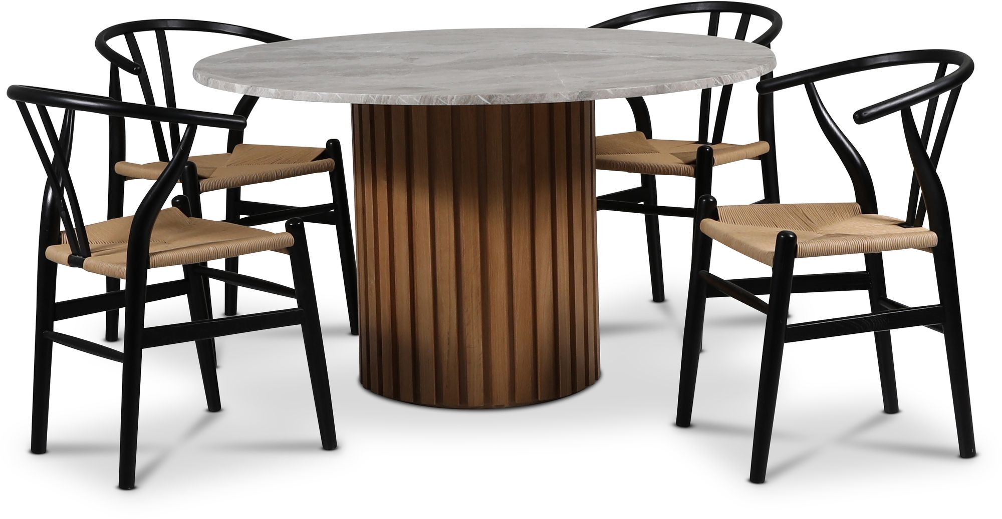 Sumo spisegruppe �130 cm inkl. 4 stk. Brandon svarte spisestoler - Oljet eik/s�lvmarmor + 4.00 x Stolpute