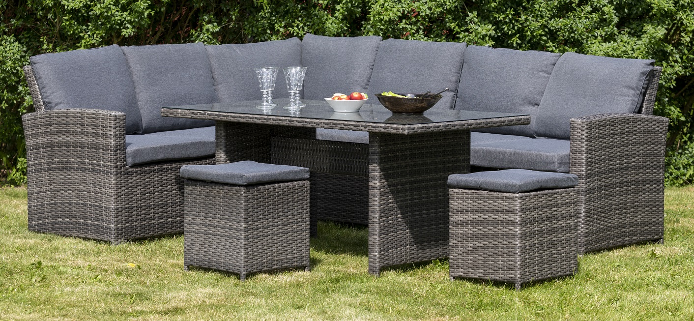 Baskarp utem�belgruppe hj�rnesofa med bord - M�rkegr� kunstrotting